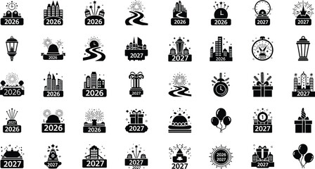 Conceptual Midnight Dancing People New Year 2026/2027 Silhouette Icon Set