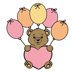 Cute teddy bear holding a heart with colorful balloons. Adorable cartoon illustration isolated on transparent background, perfect for kids designs, birthday cards, baby shower, Valentine&rsquo;s Day, sticke
