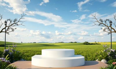 White podium on wooden platform with rolling green hills background