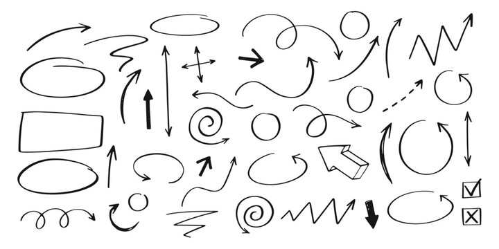 Collection of various hand drawn arrows and symbols for design and illustration