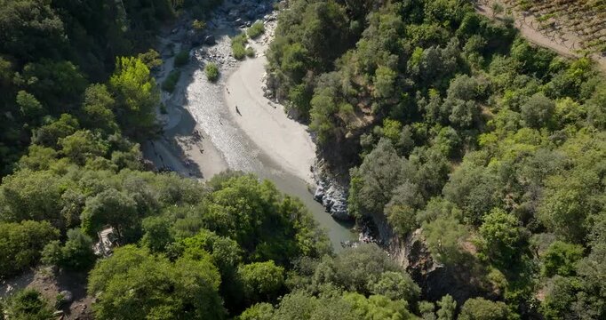 Aerial view of the Alcantara Gorges, also known as the Larderia Gorges, are located in the Alcantara Valley in Sicily, Italy, in the municipalities of Castiglione di Sicilia and Motta Camastra.