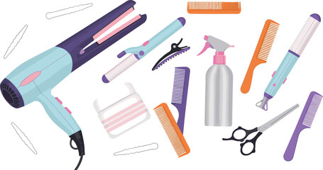 Professional hair salon styling tools set featuring blow dryer flat iron curling wand scissors spray bottle and combs for beauty parlor and hairdressing design