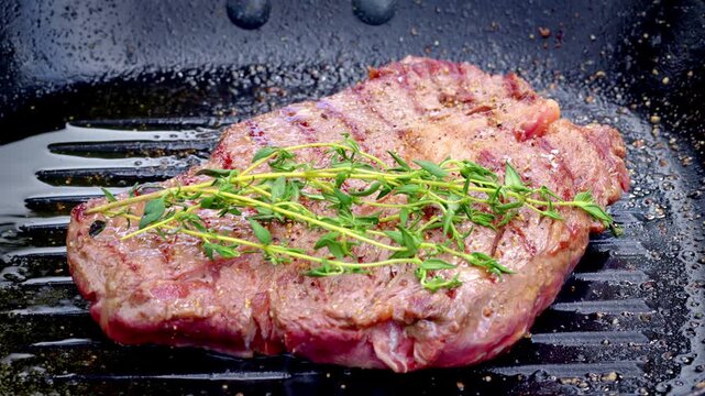 seared meat with flavorful seasoning and garnish, sizzling steak with grill marks and aromatic herb toppings