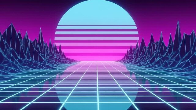 Retro Sunset Grid Road - 80s Neon Synthwave Landscape.