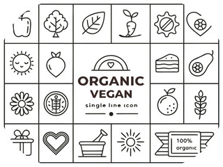 Organic vegan single line icons of fruits vegetables and celebration elements food
