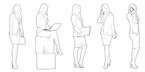 Elegant women in business attire depicted in various poses and outfits