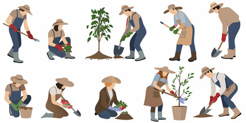 A collection of gardeners planting and tending to various plants and trees