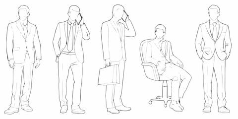 Line art illustration of businessmen in suits various poses minimalist style