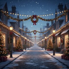 Snowy Winter Street with Christmas Lights at Night