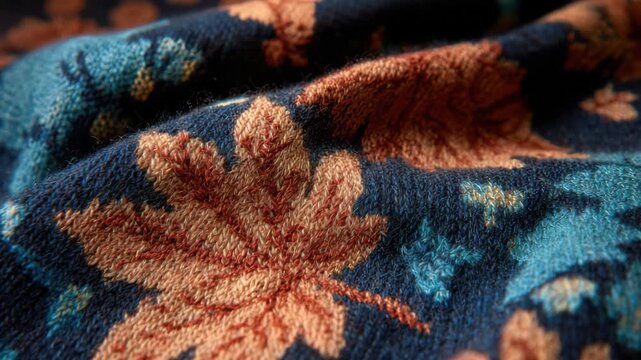 Close up of a knitted fabric showing a colorful leaf pattern with autumn colors in a warm setting