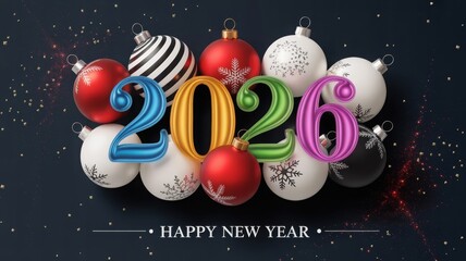 Happy New Year 2026 with colorful metallic numbers and festive Christm