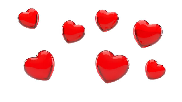 Falling shiny red hearts with glossy plastic texture PNG. Vertical flying love symbols for valentine's day background. Balloon like shapes for romantic celebration design isolated - Powered by Adobe