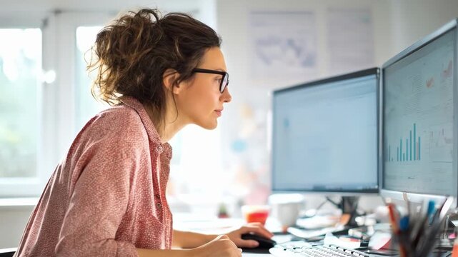 HR specialist accurately processing payroll data on a computer while reviewing financial reports in a bright workspace.