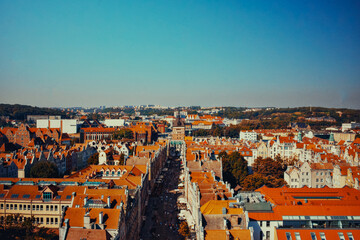 Aerial view of Gdansk old town with long street and red rooftops