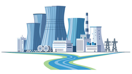 Obraz premium Large nuclear power plant complex with prominent cooling towers and industrial buildings situated alongside a winding river.