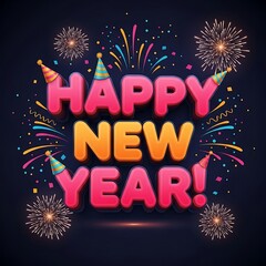 Colorful happy new year celebration with vibrant fireworks, confetti, and festive party hats