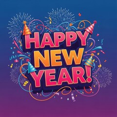 Happy new year celebration with vibrant fireworks, confetti, and party hats
