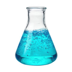 Laboratory erlenmeyer flask with blue liquid isolated on transparent background