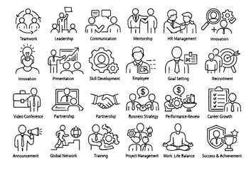 Fototapeta premium Business Teamwork Management Line Icons Set – Strategy, Leadership Growth