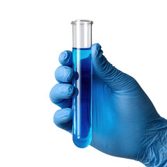 Hand wearing blue glove holding test tube with blue liquid isolated on transparent background