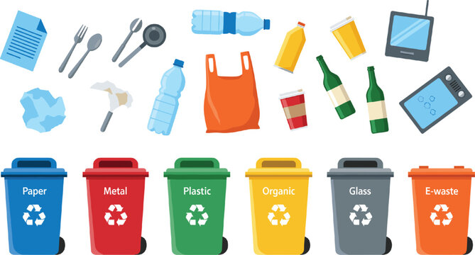 Waste recycling bins set with colorful trash containers for paper metal plastic organic glass and e-waste management for environmental conservation and ecology