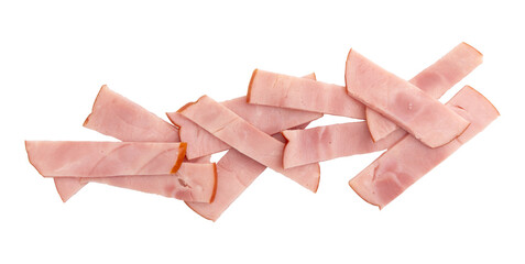cooked and smoked ham isolated on white background, top view, pieces of cold smoked meat for any design