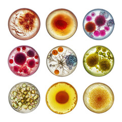 Collection of colorful petri dish cultures isolated on transparent background
