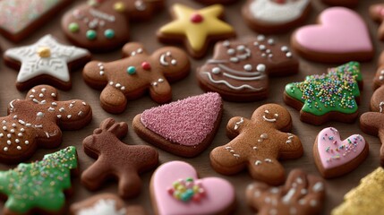A collection of festive christmas gingerbread cookies and sugar cookies arranged on a wooden surface