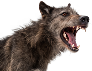 Ferocious, detailed portrait of a gray wolf with thick, wiry fur and sharp, prominent teeth, captured in a dramatic snarling pose with an intense gaze,, isolated on transparent background.