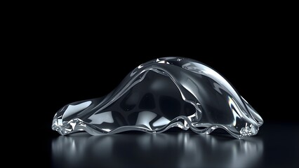Dynamic abstract liquid form frozen in motion, creating a transparent, elegant wave structure against a dark, reflective background, highlighting intricate details and light refraction
