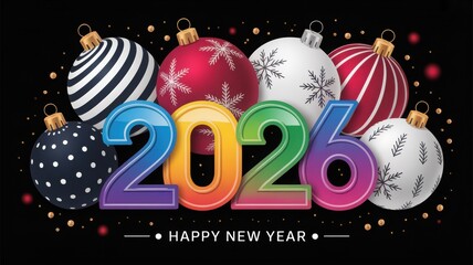 Happy New Year 2026 celebration with festive ornaments and colorful ty