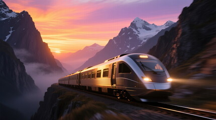A high-speed train rushes through the mountains at sunset.