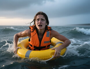 Woman in life jacket holding lifebuoy, swimming in sea, survival.