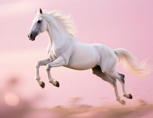 Running graceful fast horse on pink soft background.