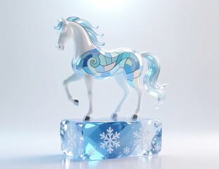 A crystal sculpture of a horse on a pedestal made of ice and snowflakes. Stained glass style.