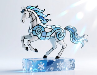 A crystal sculpture of a horse on a pedestal made of ice and snowflakes. Stained glass style.