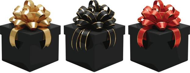 Luxury 3D vector set of matte black gift boxes featuring large decorative bows in gold black and red for premium celebration branding.