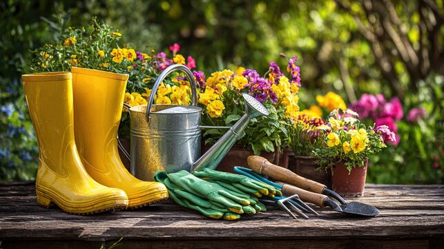 Gardening essentials laid out on a rustic wooden bench with colorful spring flowers