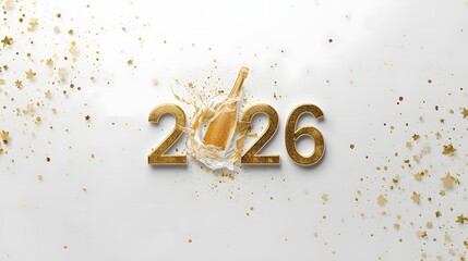 Champagne pop New Year 2026 gold typography on white background