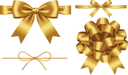 Elegant vector set featuring shiny golden gift bows and decorative ribbons for luxury packaging holiday celebrations birthday presents and festive wedding invitation designs.