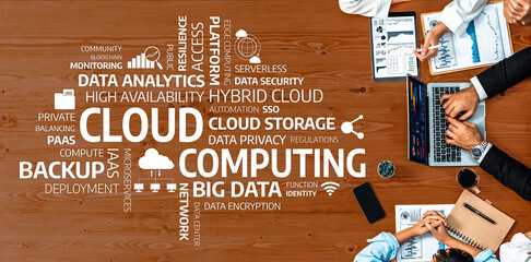 Explore a comprehensive view of cloud computing, covering key areas like data analysis, security, and deployment in a modern workspace with professionals collaborating effectively. Amity