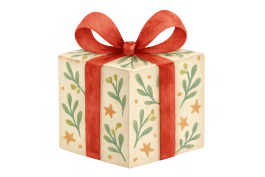 Holiday gift box with red ribbon and watercolor floral pattern, celebrating christmas, seasonal joy, and festive presents - Powered by Adobe