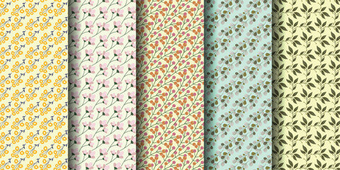 A vibrant collection of five seamless floral patterns featuring a variety of colors and designs.