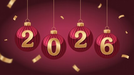 Festive 2026 New Year design with red hanging ornaments and glittering