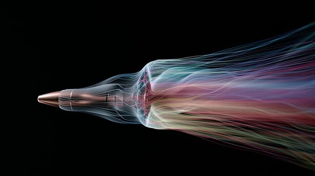Ultra slow-motion scientific view of a bullet in flight with invisible conical shockwaves revealed by Schlieren imaging, visualizing supersonic motion, pressure and air density changes.
