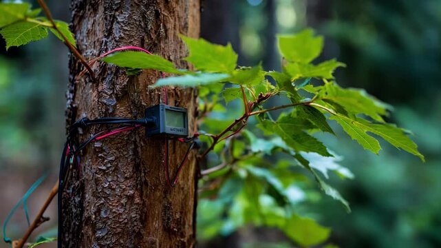 Medium shot capturing a computerlogged tree growth monitor setup with a compact sensor connected to a wireless data logger on a young tree in a natural environment.