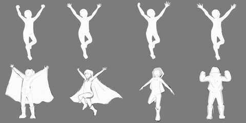 Silhouettes of joyful figures in dynamic poses against a gray background