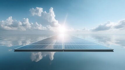 Floating solar panels on the water reflecting bright sunbeams and clouds