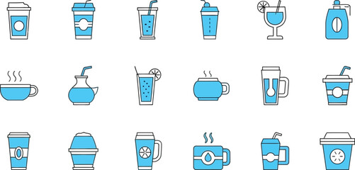 Collection of various drink icons in blue and white