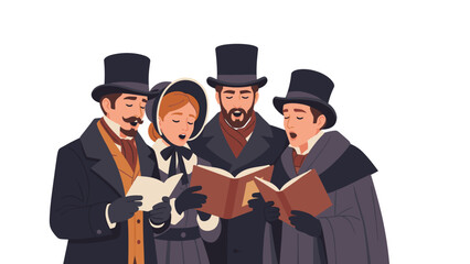 Four festive carol singers in elegant historical Christmas attire, holding songbooks and joyfully singing together.